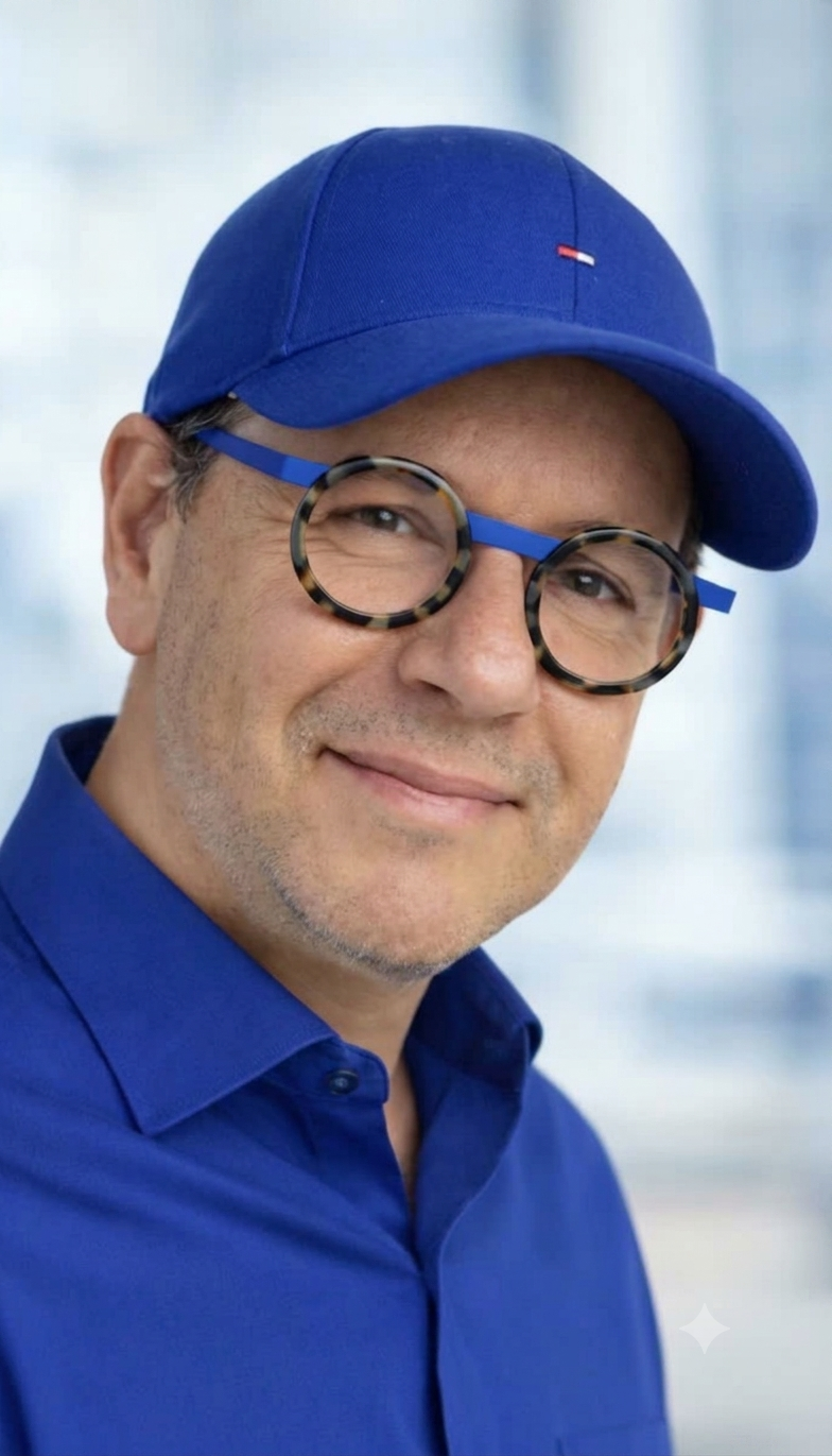 Portrait de Thierry Garot, casquette bleue et lunettes rondes
